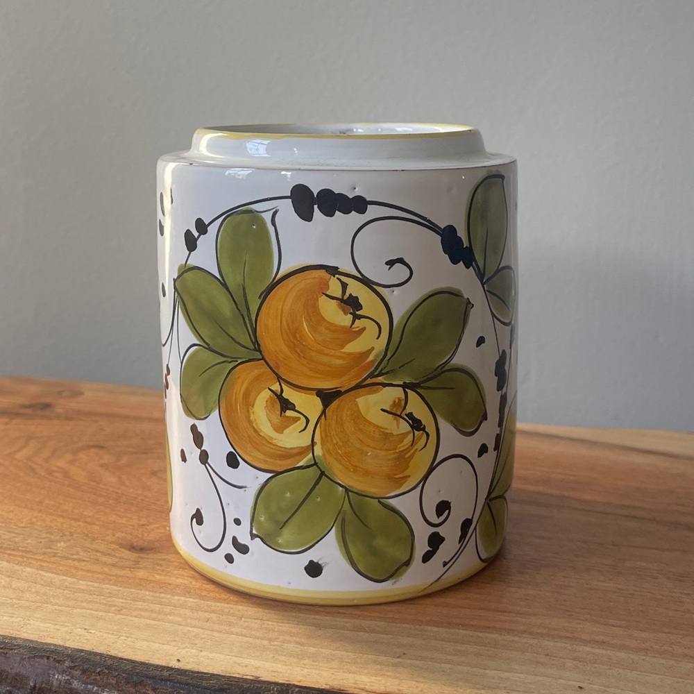 Fruity Ceramic Vase/Utensil Crock with Yellow and Green Foliage Design, Handmade